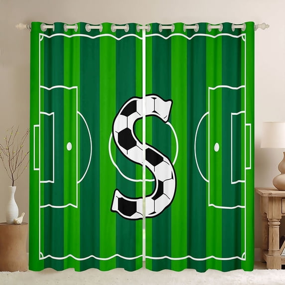 Erosebridal Green Football Court Print Letter S Black Out Curtains,Soccer Ball Games Curtains Pack of 2 (42x63 Each) For Kids Boys