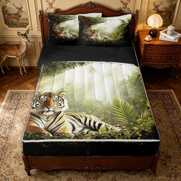Erosebridal Green Forest Tiger Zipper Twin Comforter Sets with Fitted Sheet and 2 Pillowcases for Women Men, Cartoon Wildlife Zipper Bedding Set, Black Reversible, 4pcs
