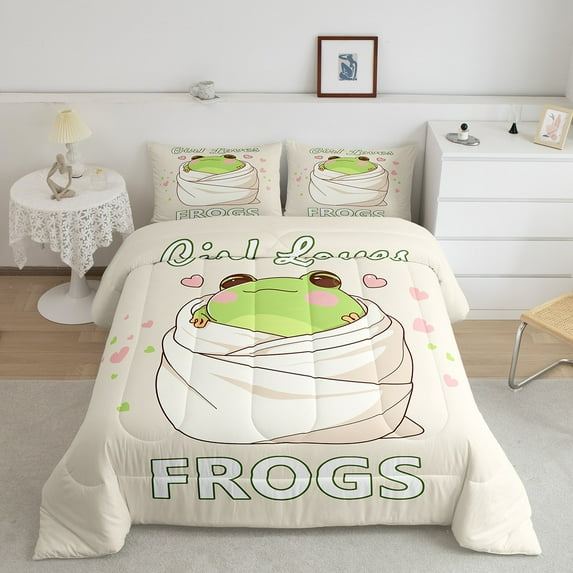 Erosebridal Green Frog Bedding Queen Comforter Set, Cute Wildlife Down Comforter, Love Heart Decor, Reversible 3pcs