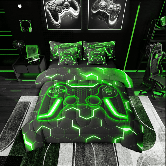 Erosebridal Green Gamepad Bed in a Bag Full size,Honeycomb Hexagon Bed Set,Teens Bedroom Decor,Reversible,7pcs