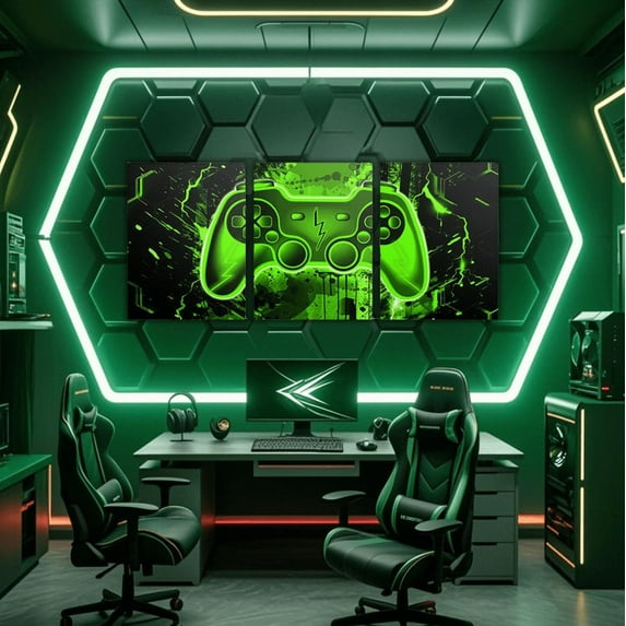 Erosebridal Green Gamepad Paintings Wall Decor Bedroom, Black Green Wall Decor for Living Room Set, Gradient Watercolor Game Theme Living Room Decor