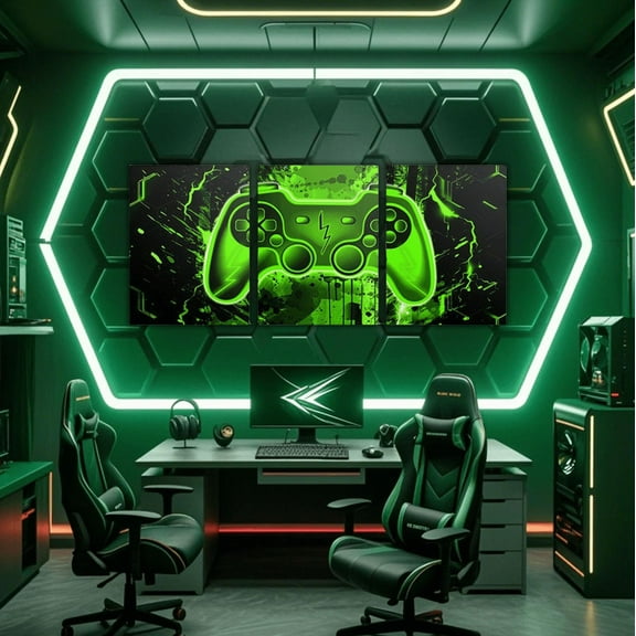 Erosebridal Green Gamepad Paintings Wall Decor Bedroom, Black Green Wall Decor for Living Room Set, Gradient Watercolor Game Theme Living Room Decor