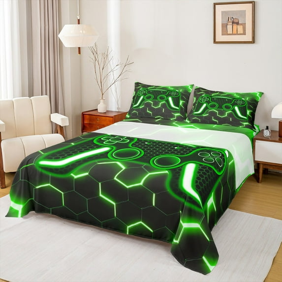 Erosebridal Green Gamepad Sheet Set Twin,Honeycomb Hexagon Bedding Sets Twin Size,Teens Bedroom Decor,Breathable,3pcs