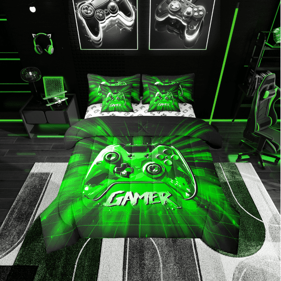 Erosebridal Green Gamer Bedding Sets Twin Size,Geometric Buffalo Comforter Sets with Sheets,Video Game Bed in a Bag Twin size,Microfiber Gamepads Bedroom Decorative,Reversible,7-Piece