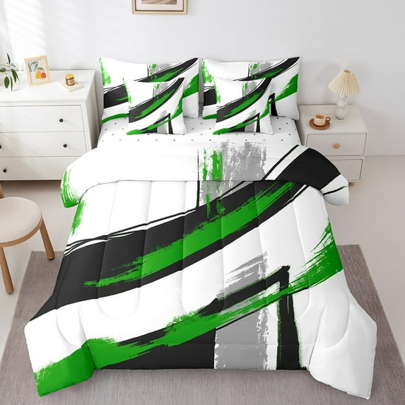 Erosebridal Green Geometric Stripes Bedding Sets Full Size,Oil Painting Style Comforter Sets with Sheets,Modern Desgin Bed in a Bag Full Size,Breathable Room Decor Reversible,7-Piece