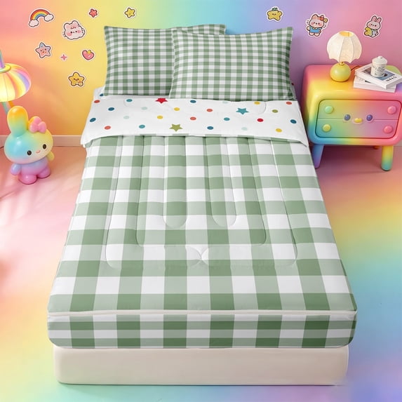 Erosebridal Green Gingham Plaid Zipper Full Size Comforter Sets with Fitted Sheet and 2 Pillowcases,Modern Geometric Print Zipper Bedding Set For Girls,Polkadot Reversible,4-Piece