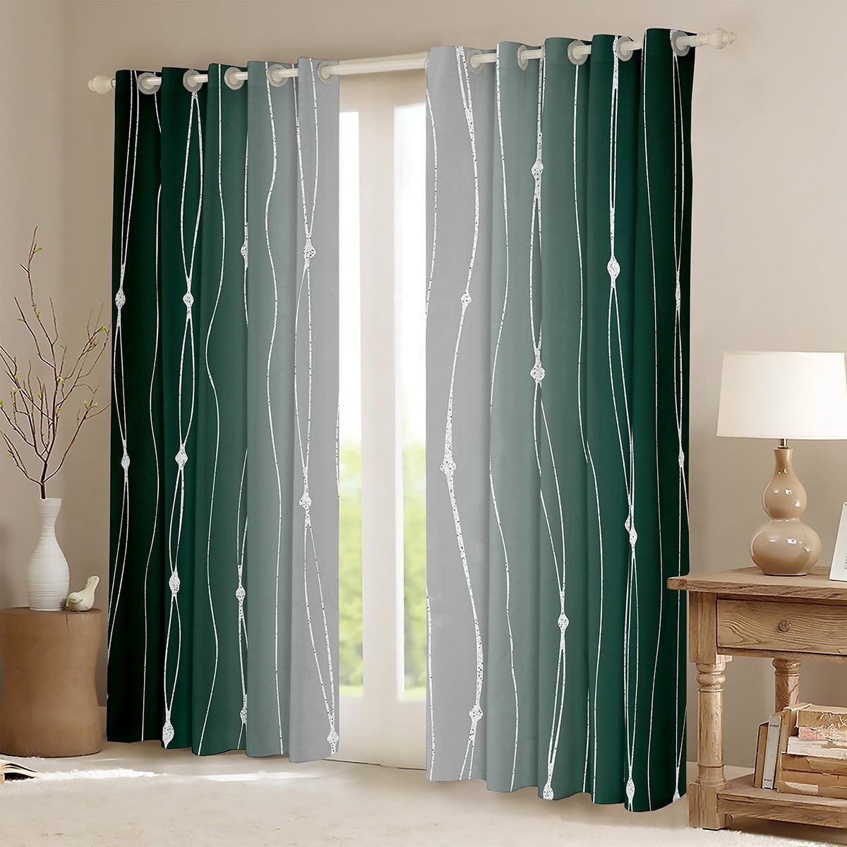 Erosebridal Green and Grey Gradient Blackout Curtains Aesthetic Ombre Curtains & Drapes, Emerald Watercolor Curtains Geometric Wave Window Drapes, Abstract Lines Black Out Curtains
