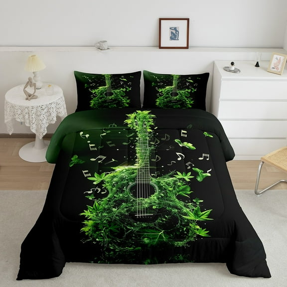 Erosebridal Green Guitar Bedding Full Comforter Set, Leaf Tree Plant Down Comforter, Melody Room Decor, Reversible 3pcs