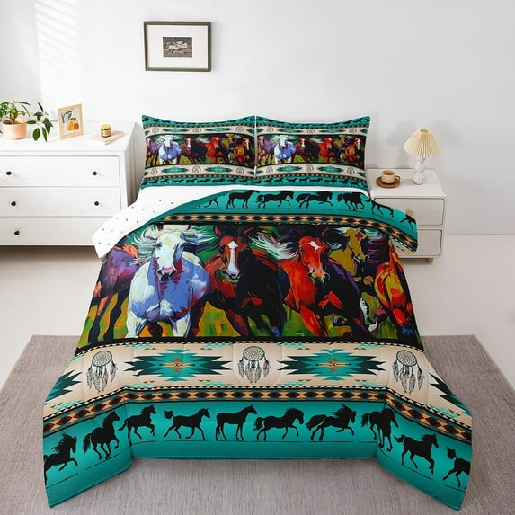 Erosebridal Green Horses Comforter Set Southwestern Native Aztec Bedding Set,Farmhouse Wildlife Duvet Insert Indian Tribal Geometry Quilt Full,Bohemian Dream Catchers Retro Exotic Boho Decor