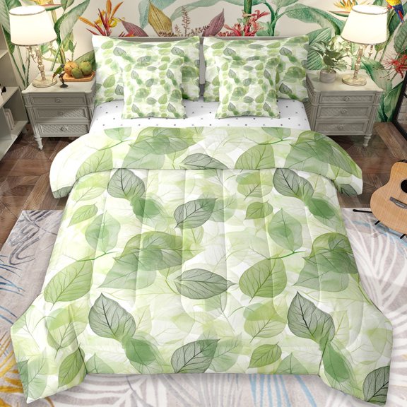 Erosebridal Green Leaves 7pcs Bedding Comforter Set,Rustic Botanical Fall Leaf Queen Bedding Sets For Men Women,Reversible