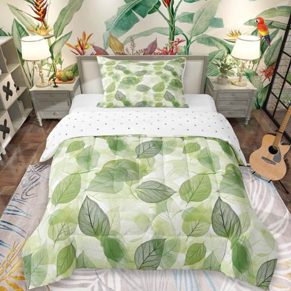 Erosebridal Green Leaves Twin Comforter Sets,Rustic Botanical Fall Leaf Bedding Set For Men Women, Reversible 2-Piece