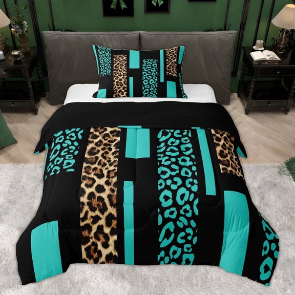 Erosebridal Green Leopard Print Kid Twin Comforter Sets, Western Cheetah Bedding Set, Black Reverisble, 2-Piece