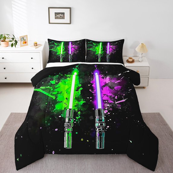 Erosebridal Green Lightsaber Bedding Comforter Set, Games Light Sword Down Comforter, Starry Sky Decor, 2pcs