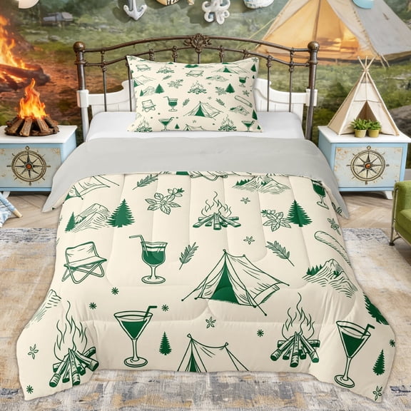 Erosebridal Green Line Art Camping Twin Comforter Sets, Tent Campfire Bedding Set for Men and Women, 2-Piece