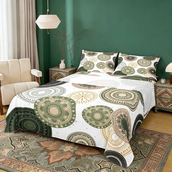 Erosebridal Green Mandala Queen Sheet Sets, Modern Minimalist Art Bed Set, 4 Pieces 1 Flat Sheet, 1 Fitted Sheet and 2 Pillowcases