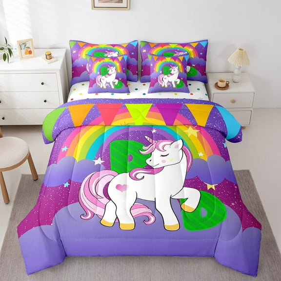 Erosebridal Green Monogrammed D Bed in a Bag Full size, Kawaii Unicorn Bedding Sets Full Size, Cute Animal Reversible Comforter Sets with Sheets, Lightweight Room Decor, 7-Piece