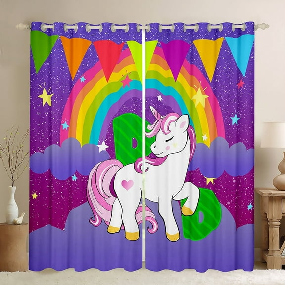 Erosebridal Green Monogrammed D Curtains Pack of 2 (38x54), Kawaii Unicorn Blackout Curtains for Bedroom, Cute Animal Curtains for Living Room, Window Drapes Room Decor