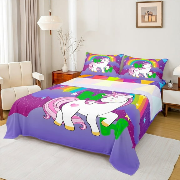 Erosebridal Green Monogrammed H Sheet Set Twin, Kawaii Unicorn Twin Sheet Sets, Cute Animal Bed Sheets Twin, Ultra Soft Room Decorative, 3pcs