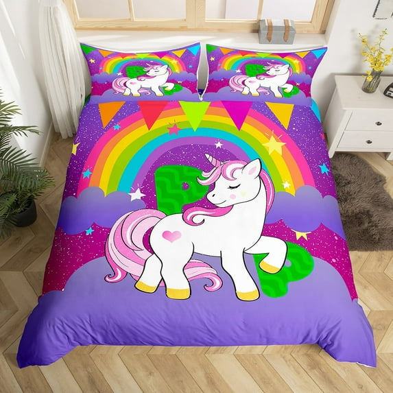 Erosebridal Green Monogrammed P Duvet Cover Full, Kawaii Unicorn Bedding Sets Full Size, Cute Animal Reversible Comforter Cover Full, Microfiber Room Decor, 3 Pieces（No Comforter）