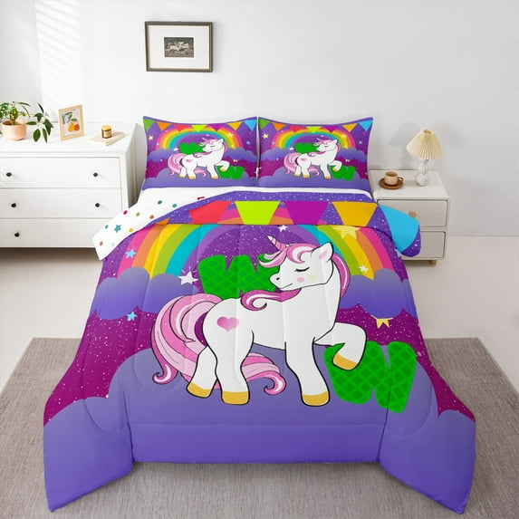Erosebridal Green Monogrammed W Comforter Sets Queen Size, Kawaii Unicorn Comforters & Duvets, Cute Animal Reversible Bedding Queen Comforter Set, Ultra Soft Bedroom Decor, 3-Piece