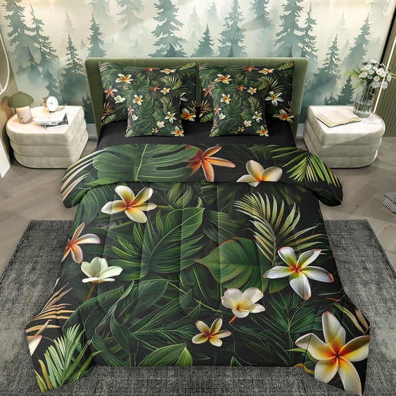 Erosebridal Green Monstera Bedding Twin Size,White Floral Bed Set,Rainforst Plant Style Bedding Sets Twin Size,Lightweight Room Decoration Reversible,7pcs