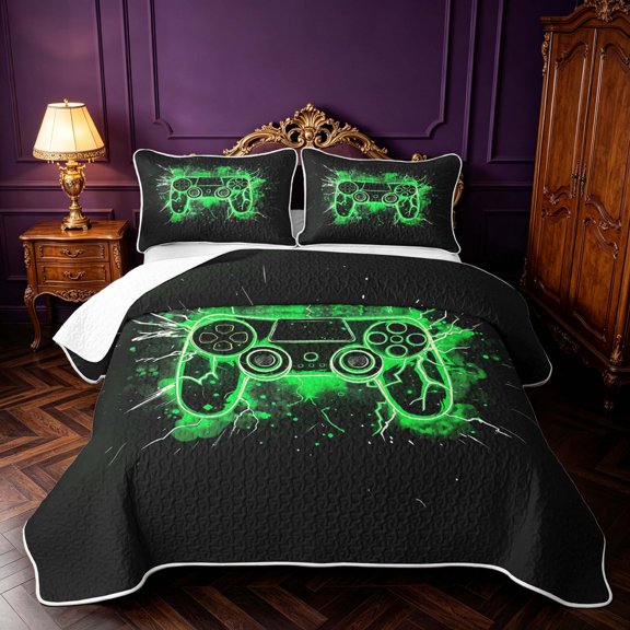 Erosebridal Green Neon Game Controller Bed Spread Queen,Lightning Sparks Queen Coverlet Set,3 Pieces,1 Quilt and 2 Pillowcases