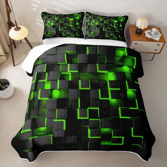 Erosebridal Green Neon Plaid Twin Quilt Set,Modern Video Games Twin Coverlet Set For Boys,2-Piece