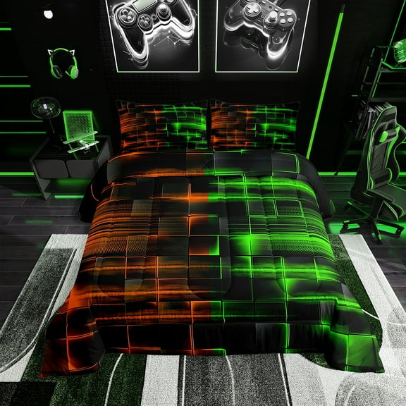 Erosebridal Green and Orange Comforter Set Twin Size Geometric Comforter Geometry Strip Lines Bedding Set Abstract Art Duvet Set Room Decor Quilt Set
