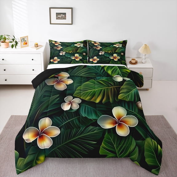 Erosebridal Green Palm Comforter Sets Full Size,Chic Flower Comforters & Duvets,Tropical Botanical Leaves Bedding Full Comforter Set,Bedroom Decoration Reversible,3-Piece