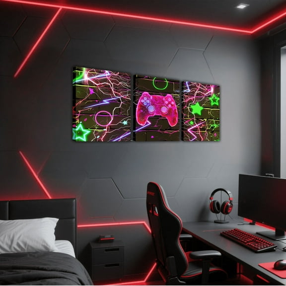 Erosebridal Green Pink Gamer Gaming Canvas Wall Art Set of 3 , Video Game Lightning Framed Wall Art for Living Room