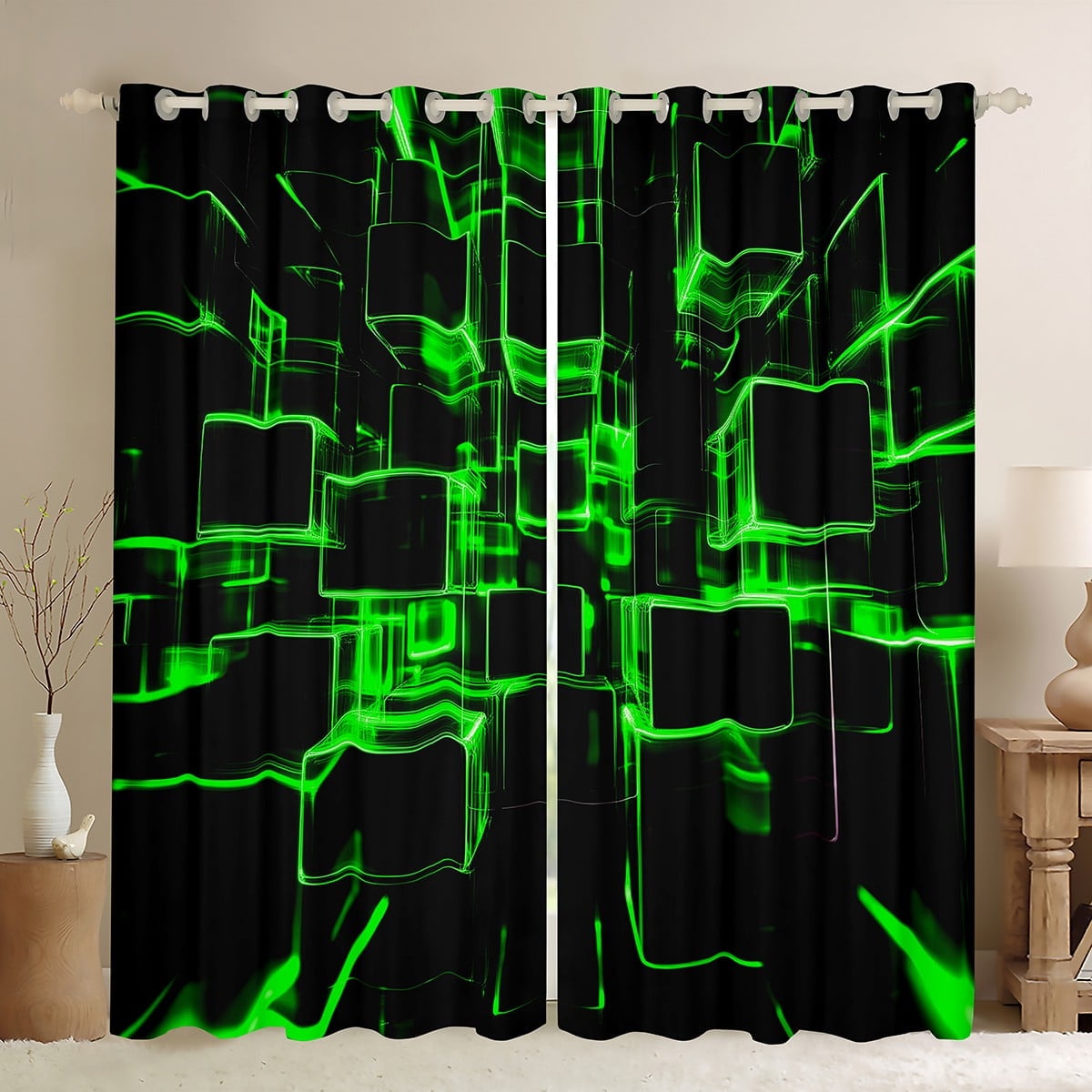 Erosebridal Green Plaid Curtains and Drapes (38Wx54L),Futuristic Cubes 30%-50% Blackout Curtains for Bedroom,Curtains for Living Room,Buffalo Decoration