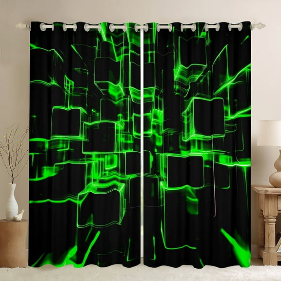 Erosebridal Green Plaid Curtains for Living Room,Futuristic Cubes 30%-50% Blackout Curtains Set of 2 (38x45),Curtains Pack of 2 (38x45),Buffalo Decoration