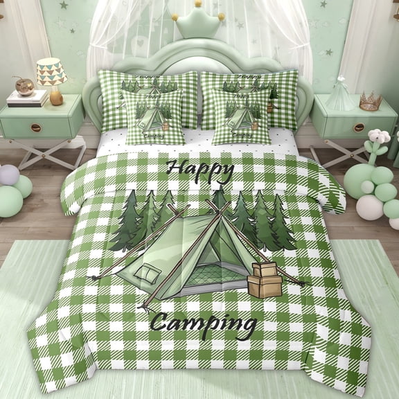 Erosebridal Green Plaid Tent Camping Twin Bedding Sets, Pine Tree Happy Quote Bedding Comforter Set for Men and Women, 7 Pieces