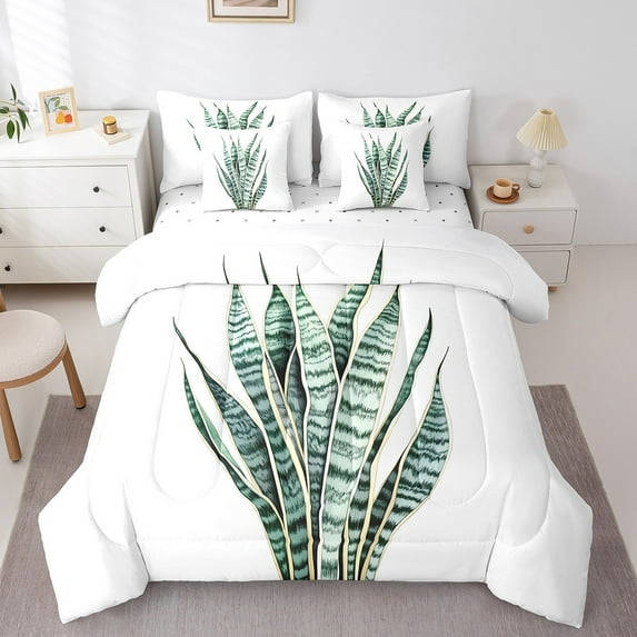 Erosebridal Green Plant Bedding Sets Queen Size, Cartoon Leaves Comforter Sets with Sheets, Botanical Theme Decor, Reversible 7pcs