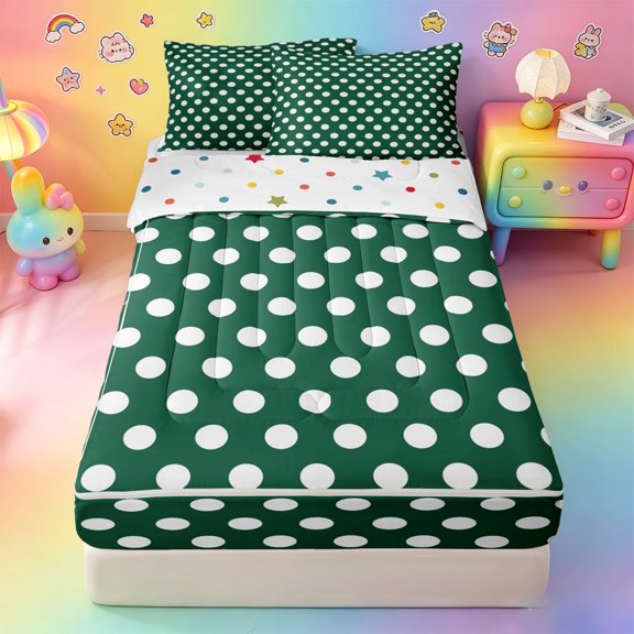 Erosebridal Green Polka Dot Zipper Twin Comforter Sets with Fitted Sheet and 2 Pillowcases,White Round Dot Retro Zipper Bedding Set For Girls,Polkadot Reversible,4-Piece