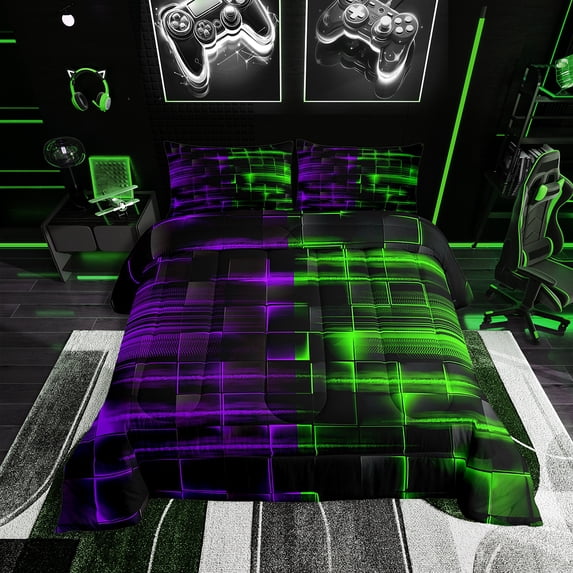 Erosebridal Green and Purple Comforter Set Twin Size Geometric Comforter Geometry Strip Lines Bedding Set Abstract Art Duvet Set Room Decor Quilt Set