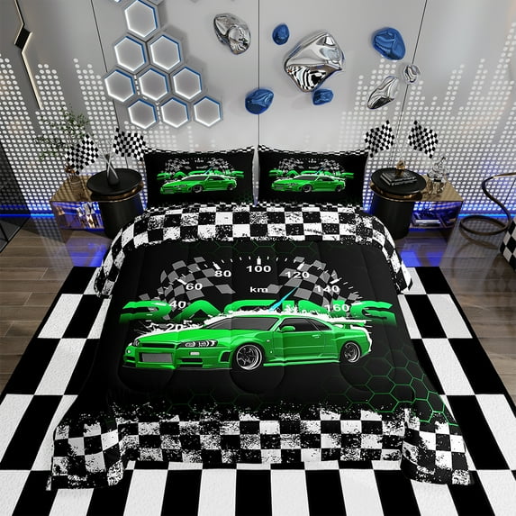 Erosebridal Green Race Car Comforter Sports Car Bedding Sets Extreme Sport Games Comforter Set Man Vehicle Racer Automobile Down Comforter with 1 Comforter and 1 Pillow