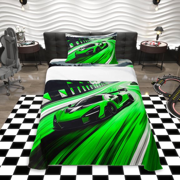 Erosebridal Green Racing Car Twin Sheet Sets 3pcs For Boys,Extreme Sport Bedding For Kids Teens,Ultra Soft Home Decor
