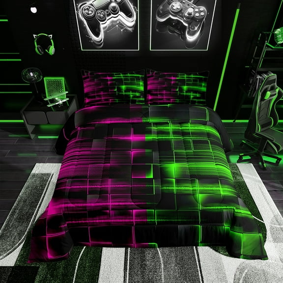 Erosebridal Green and RoseRed Comforter Set Twin Size Geometric Comforter Geometry Strip Lines Bedding Set Abstract Art Duvet Set Room Decor Quilt Set