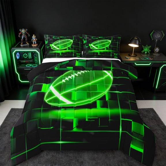 Erosebridal Green Rubgy Bedding Twin Comforter Set,Modern Geometric Grid Down Comforter,Glowing Neon Light Bedding Sets Twin with Comforter For Teens,Breathable Room Decor Reversible,2 Pieces