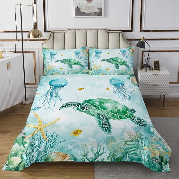 Erosebridal Green Sea Turtle Bedspread Sets Twin Size, Sea Fish Bed Quilt, Watercolor Ocean Decor, 2pcs