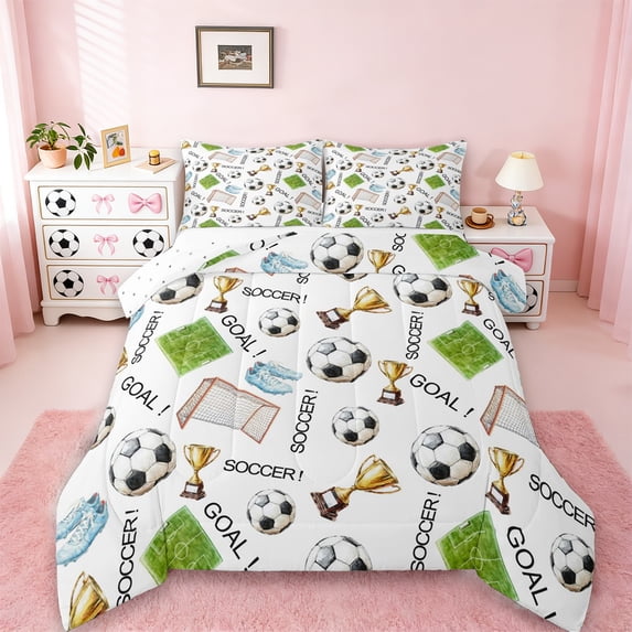 Erosebridal Green Soccer Court Queen Comforter Set,Football Sport Games Bedding Comforter Set For Boys Teens,Reversible 3-Piece