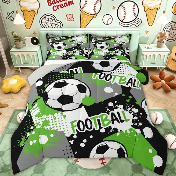 Erosebridal Green Splatter Soccer Queen Comforter Set, Cartoon Honeycomb Bedding Comforter Set for Boys and Girls, 3pcs