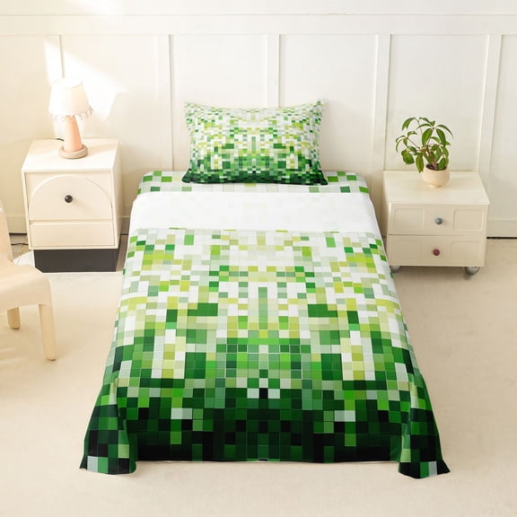 Erosebridal Green Square Twin Sheet Sets for Boys, Pixelate Miner Bedding, 3-Piece