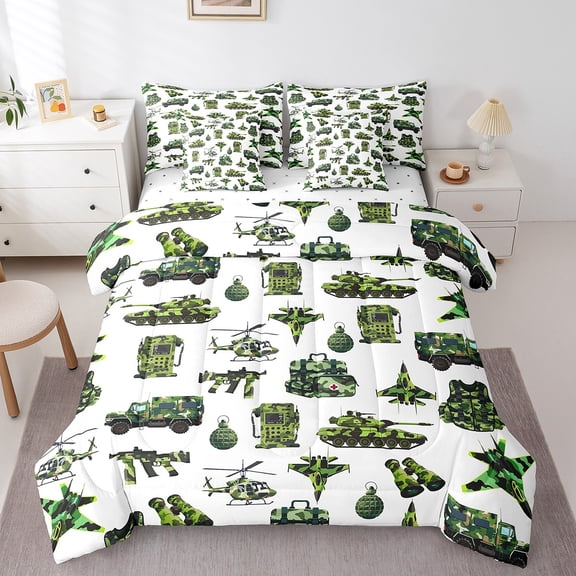 Erosebridal Green Tnak Bed in a Bag Twin size, Cartoon Aircraft Bed Set, Military Jet Reversible Bedding Twin Size, Super Cozy Bedroom Decorative, 7pcs