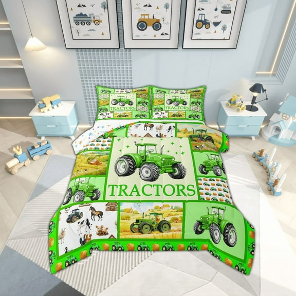 Erosebridal Green Tractors Bedding Sets Full with Comforter , Construction Vehicles Duvet Insert, Reversible 3pcs, Ultra Soft