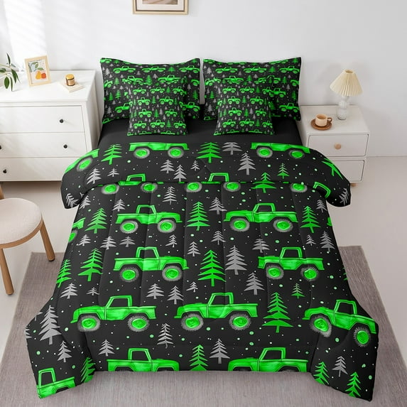 Erosebridal Green Truck Bedding Sets Queen Size, Cartoon Tractor Comforter Sets with Sheets, Construction Vehicle Decor, Reversible