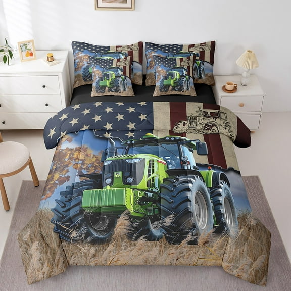 Erosebridal Green Truck Bed in a Bag Twin Size, Vintage American Flag Bed Set, Rustic Farmhouse Bed Sheets Setp with Comforter, Breathable Room Decor, Reversible 7 Pieces