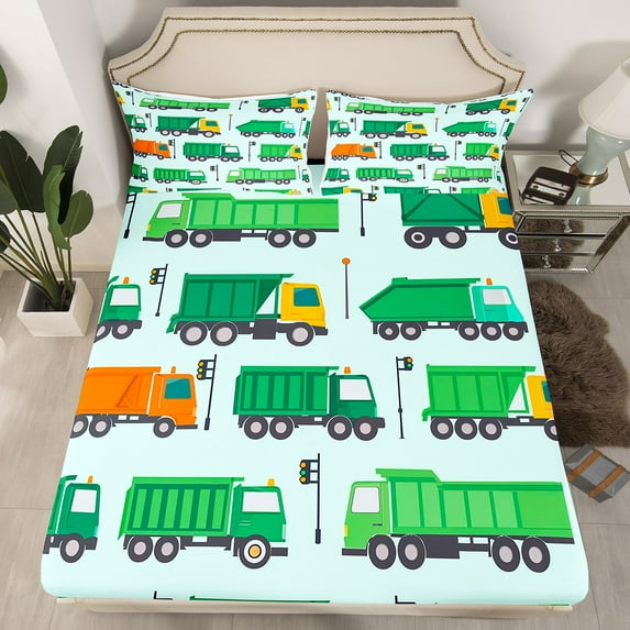 Erosebridal Green Truck Fitted Sheet Queen, Cartoon Vehicle Bedding Set Queen Size, Tractor Room Decor