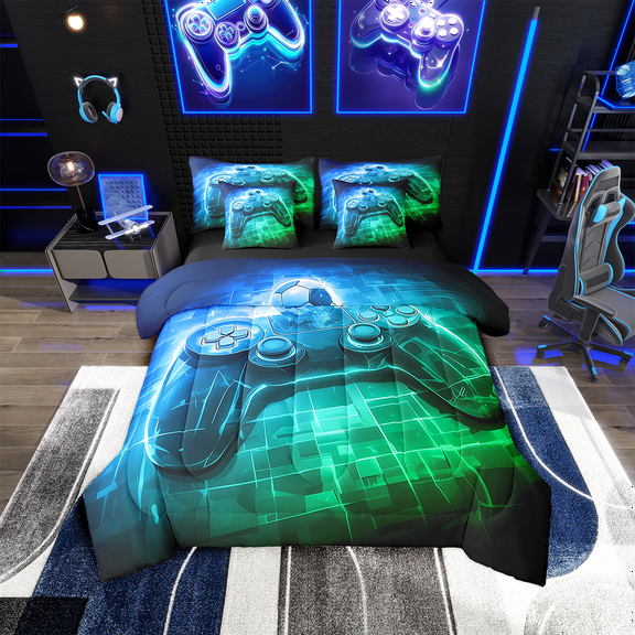 Erosebridal Green Video Game Bedding Sets Twin Size,Geometry Comforter Sets with Sheets,Teens Game Bedroom Decor,Reversible